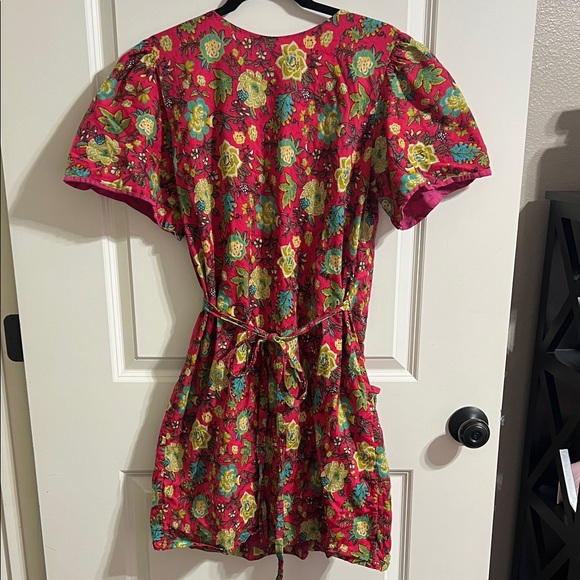 Sue Sartor medium or large Floral Red Dress with Tie Waist pink and green - Picture 3 of 6